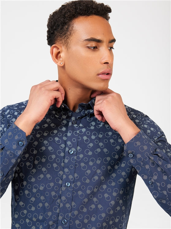 Ben Sherman Stipple Print Long Sleeved Cotton Shirt, Navy