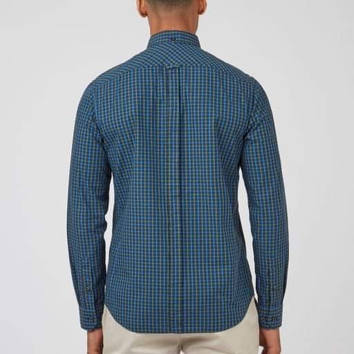 Ben Sherman Long-Sleeved Cotton Checked Shirt, Green & Blue
