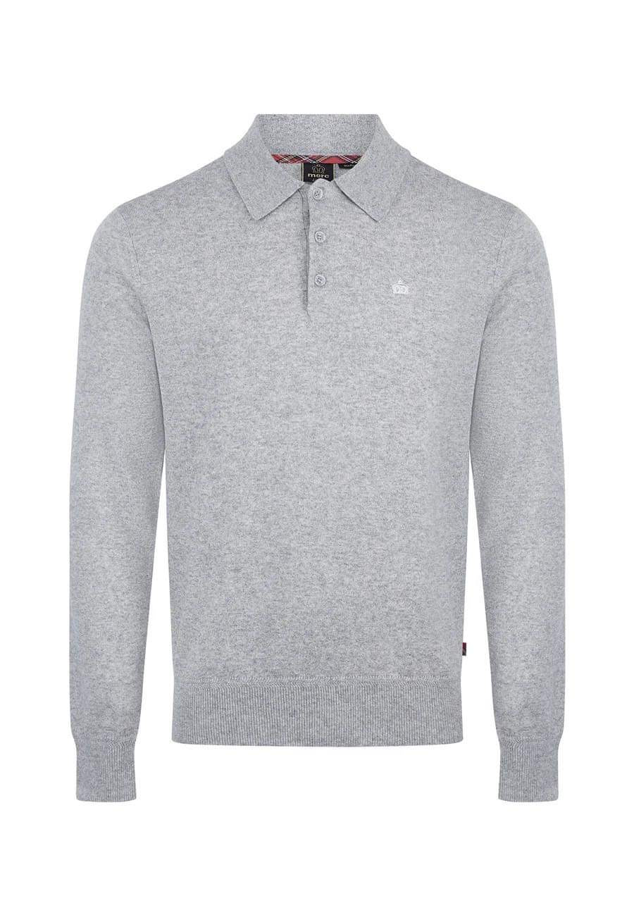 Merc ‘Spey’ Merino Wool Knit Long Sleeved Polo, Light Grey