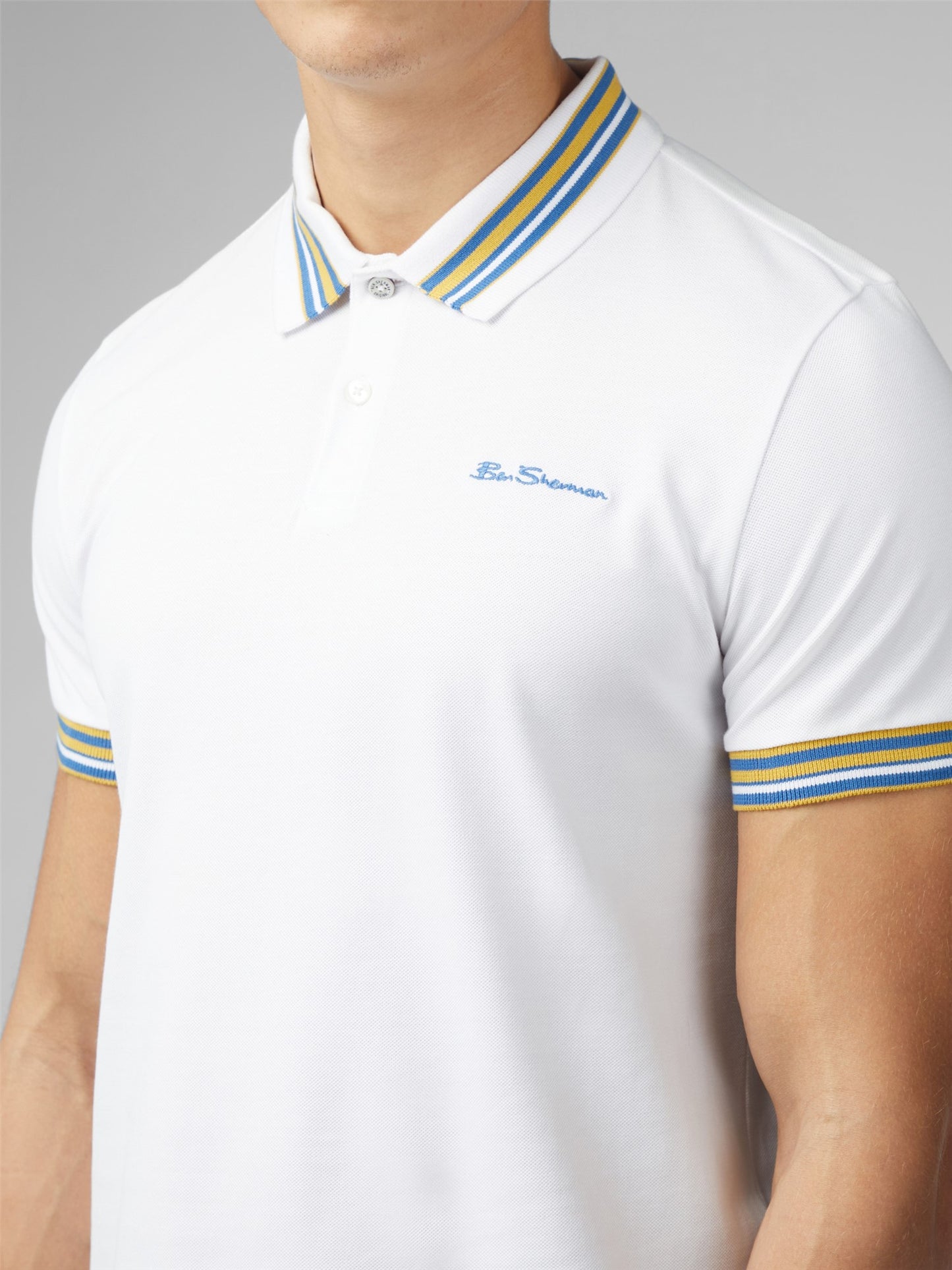 Ben Sherman Polo Shirt, White with Blue & Yellow