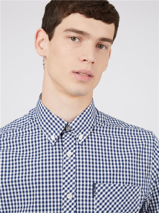 Ben Sherman Short Sleeved Cotton Gingham Shirt, Dark Blue