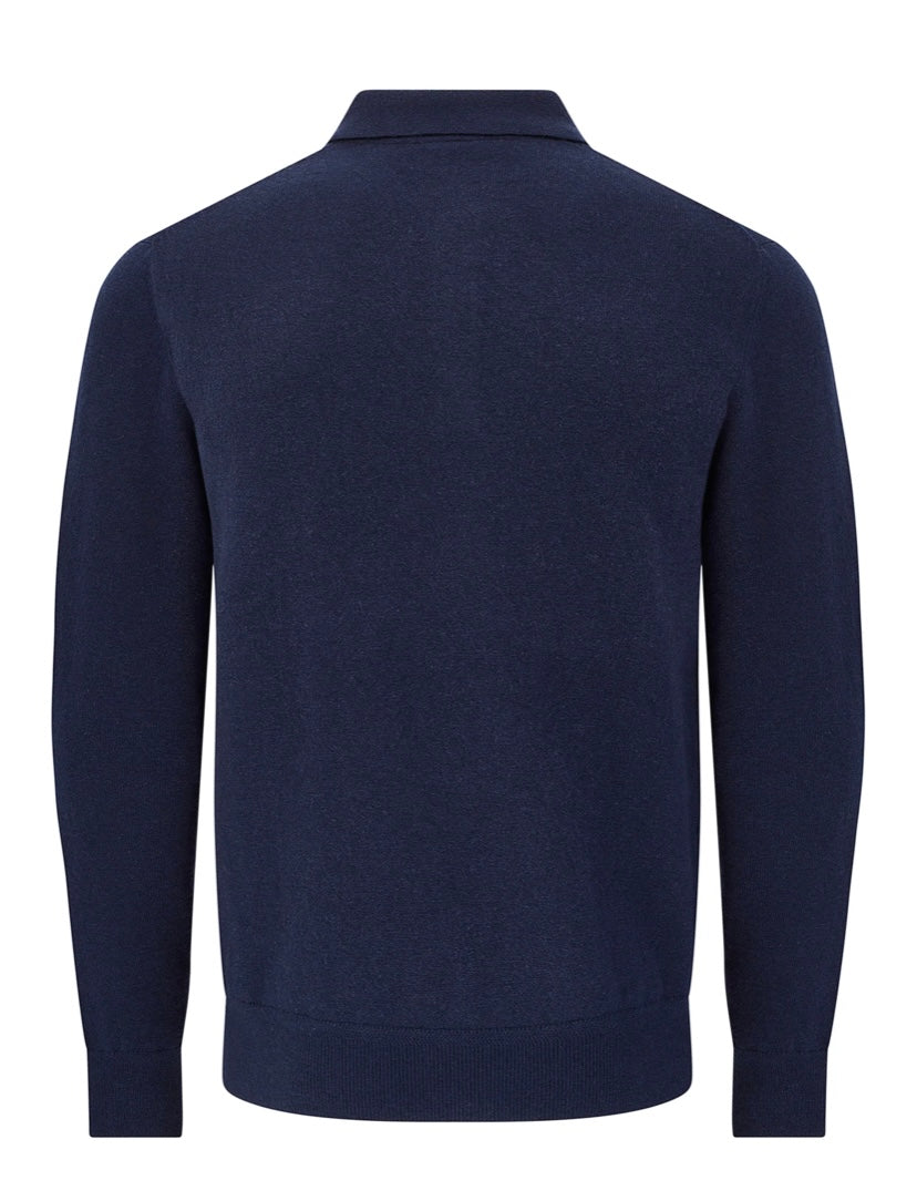 Merc ‘Spey’ Merino Wool Knit Long Sleeved Polo, Navy