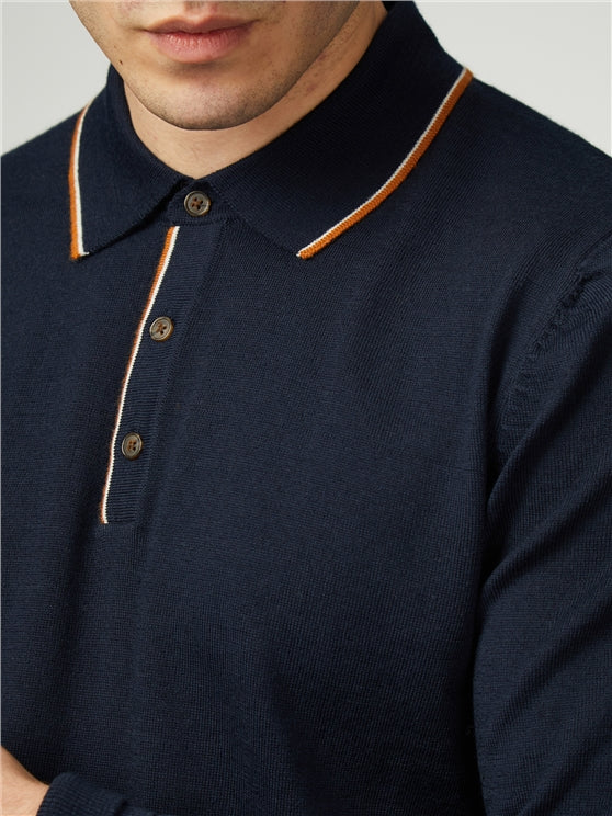 Ben Sherman Tipped Merino Long Sleeved Polo Shirt, Dark Navy