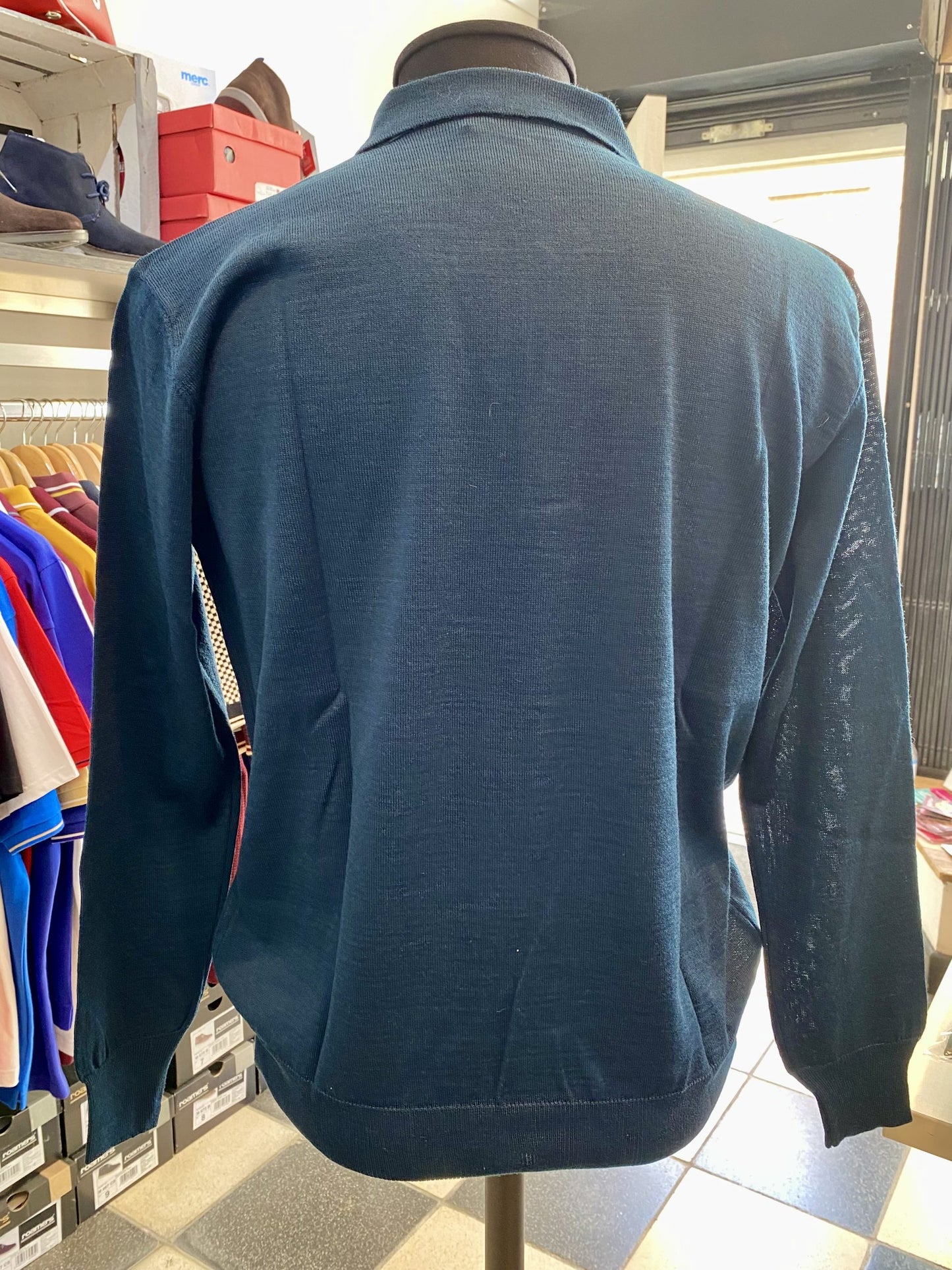 Franco Ponti Merino Mix Long Sleeve Knitted Polo Shirt, Airforce Blue