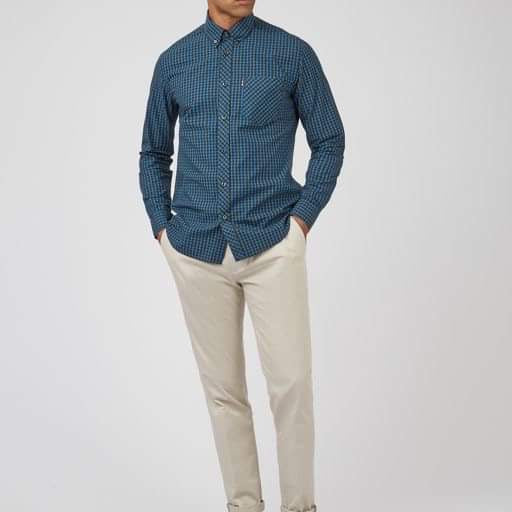 Ben Sherman Long-Sleeved Cotton Checked Shirt, Green & Blue