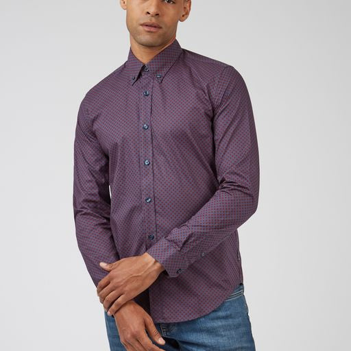 SALE Ben Sherman Long-Sleeved Cotton Patterned Shirt, Red