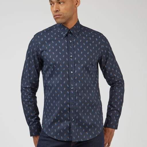 Ben Sherman Long-Sleeved Cotton Patterned Shirt, Midnight Blue