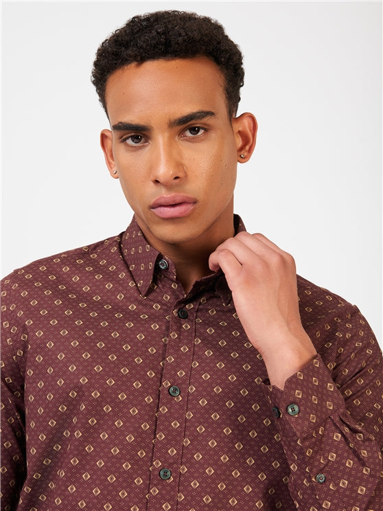 Ben Sherman Long Sleeved Geo Pattern Cotton Shirt, Aubergine