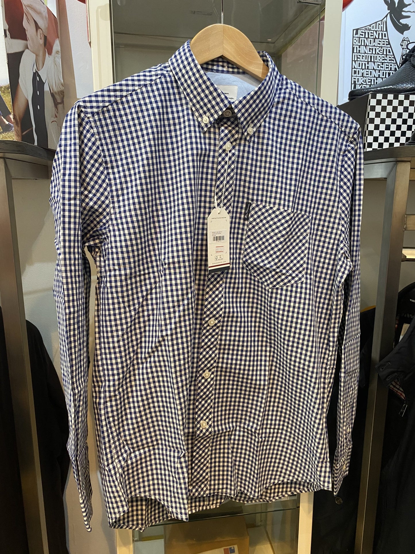 Ben Sherman Long-Sleeved Cotton Checked Shirt, Navy & White