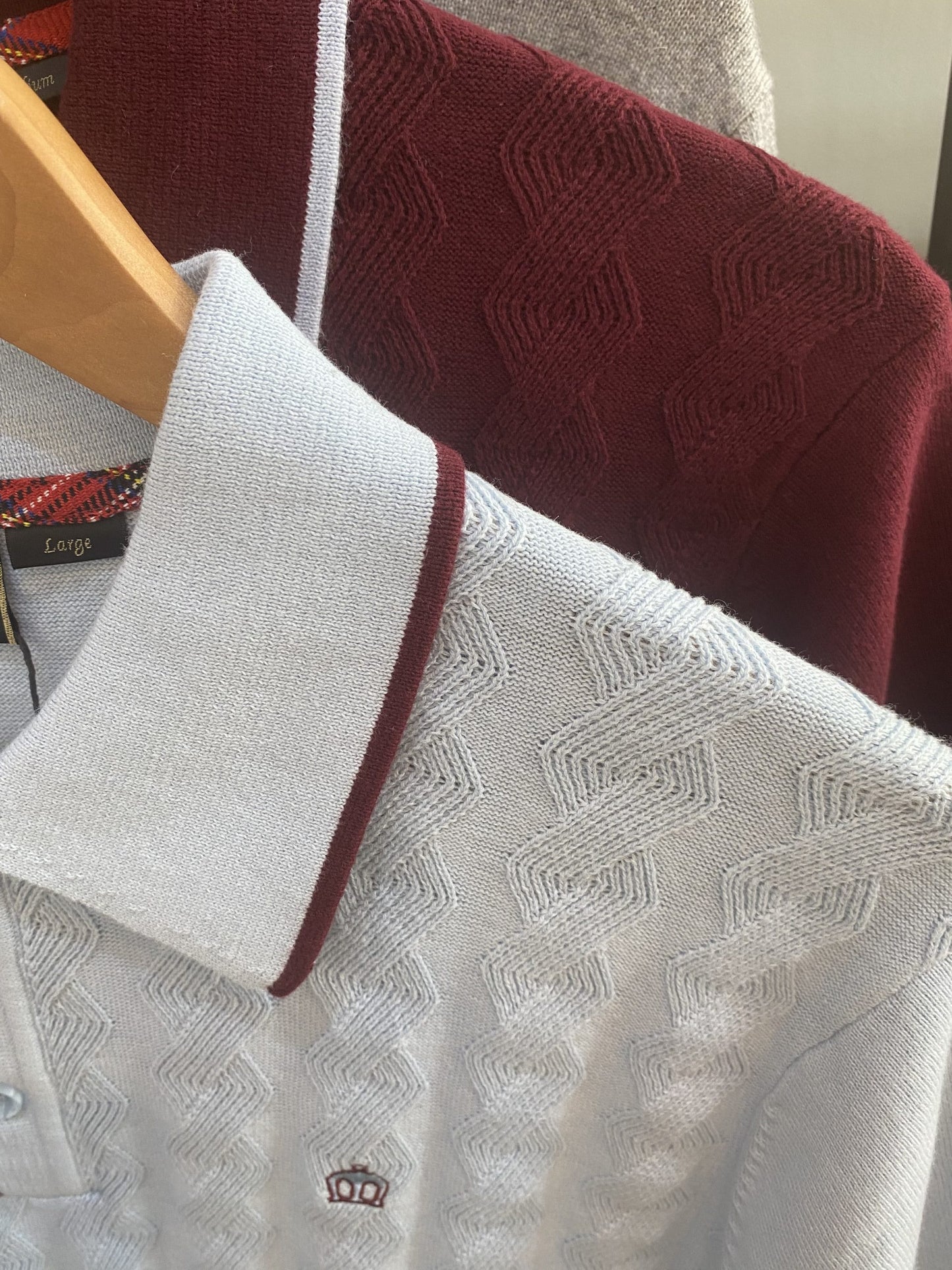 Merc ‘Smith’ Knitted Polo, Sky Blue with Burgundy