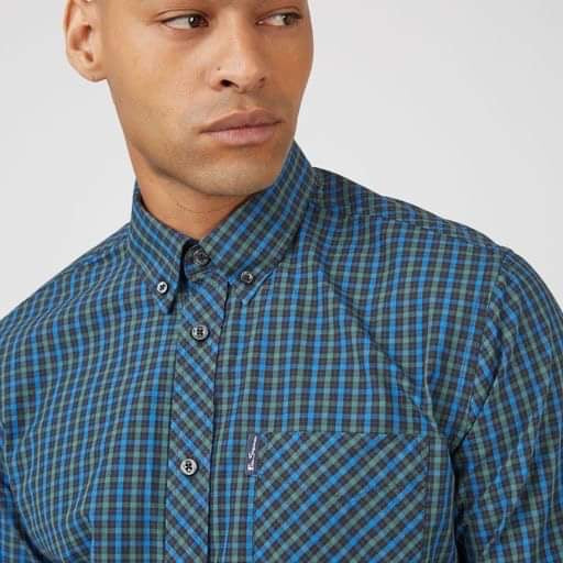Ben Sherman Long-Sleeved Cotton Checked Shirt, Green & Blue