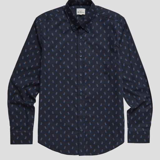 Ben Sherman Long-Sleeved Cotton Patterned Shirt, Midnight Blue