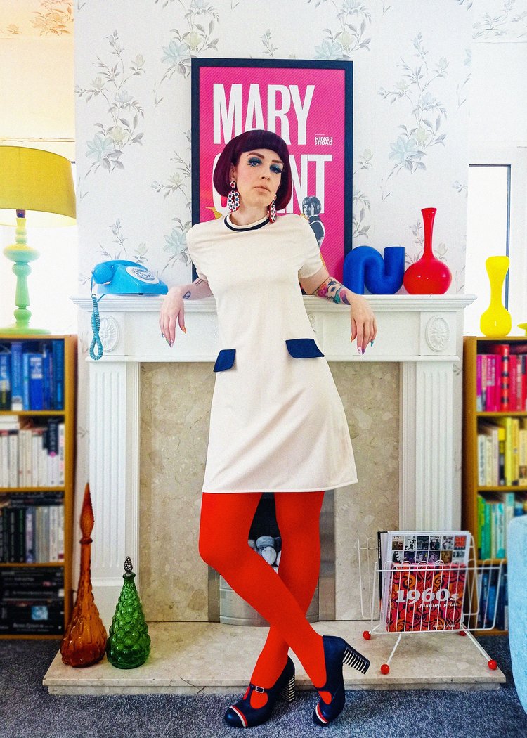 Love Her Madly ‘Connie’ Shift Dress, Cream with Navy Trim