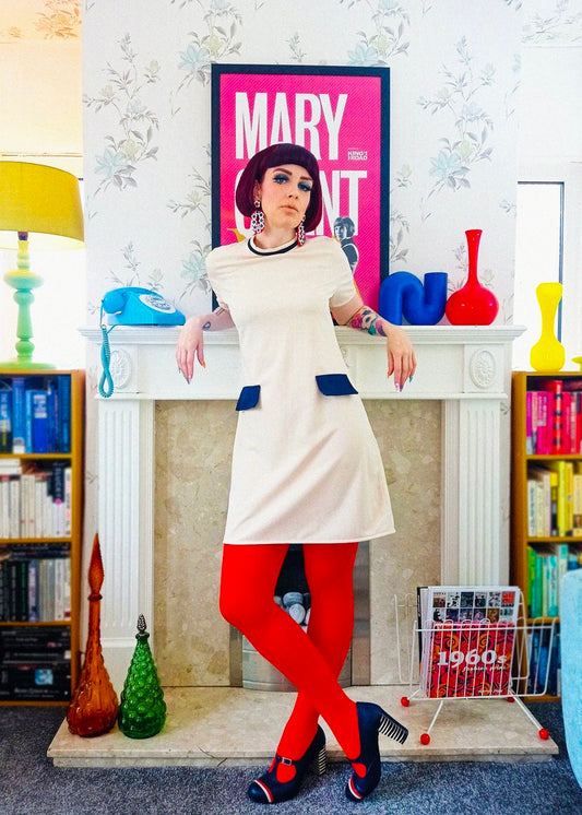 Love Her Madly ‘Connie’ Shift Dress, Cream with Navy Trim