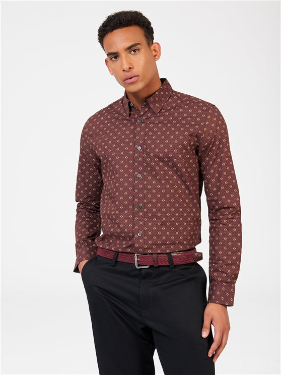 Ben Sherman Long Sleeved Geo Pattern Cotton Shirt, Aubergine
