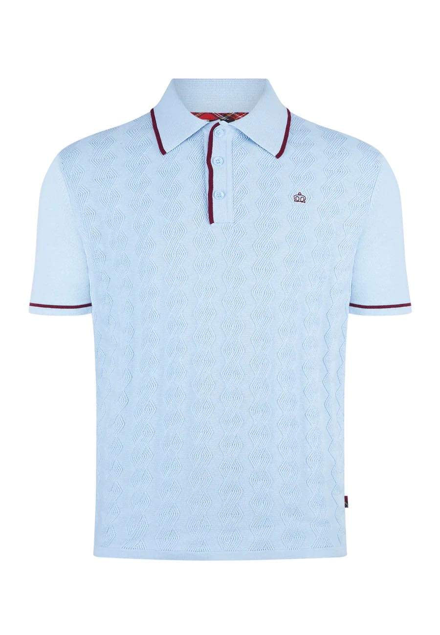 Merc ‘Smith’ Knitted Polo, Sky Blue with Burgundy
