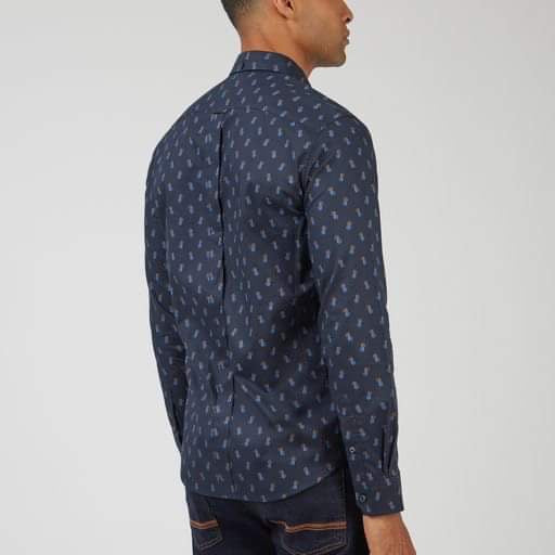 Ben Sherman Long-Sleeved Cotton Patterned Shirt, Midnight Blue