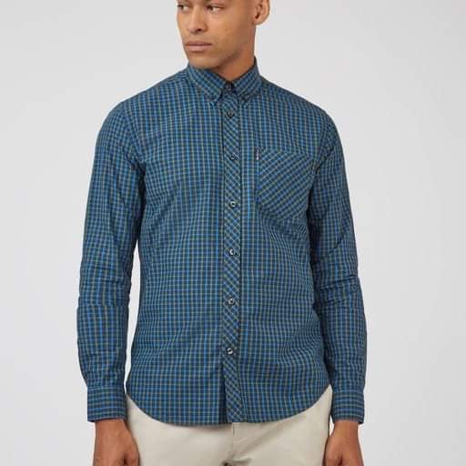Ben Sherman Long-Sleeved Cotton Checked Shirt, Green & Blue
