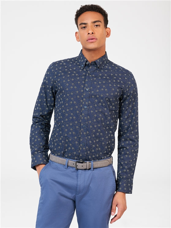 Ben Sherman Stipple Print Long Sleeved Cotton Shirt, Navy