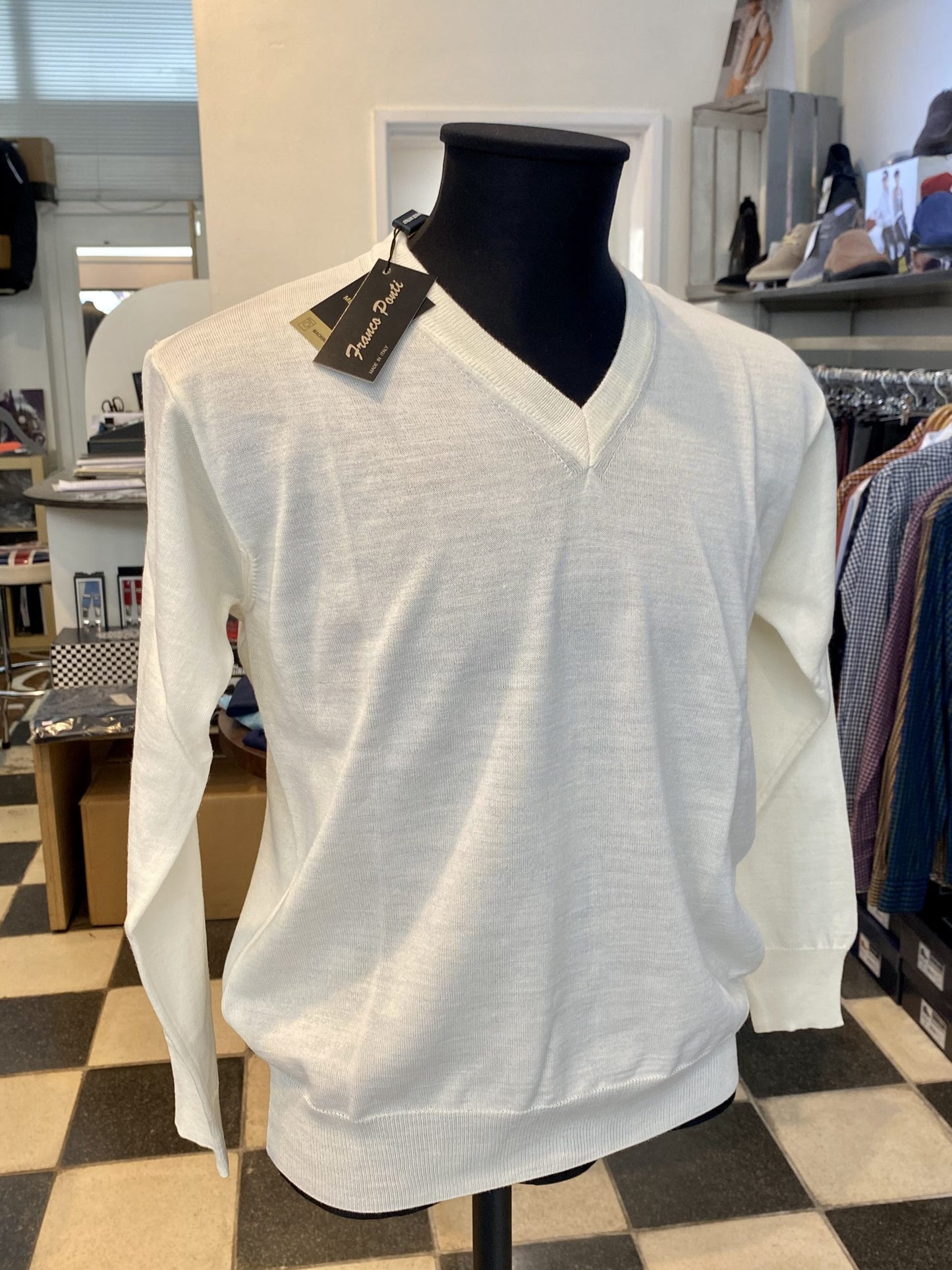 Franco Ponti V-Neck Merino Mix Jumper, Ecru