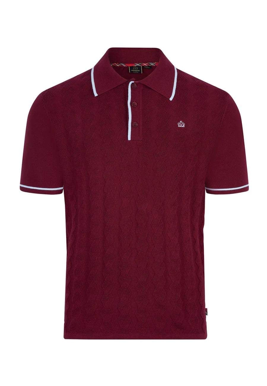 Merc ‘Smith’ Knitted Polo, Burgundy with Blue