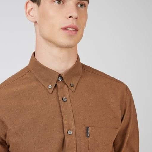 SALE Ben Sherman Long-Sleeved Cotton Oxford Style Shirt, Brown