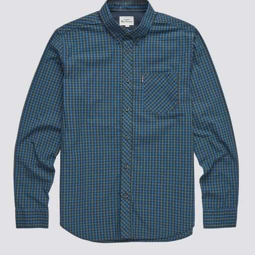 Ben Sherman Long-Sleeved Cotton Checked Shirt, Green & Blue