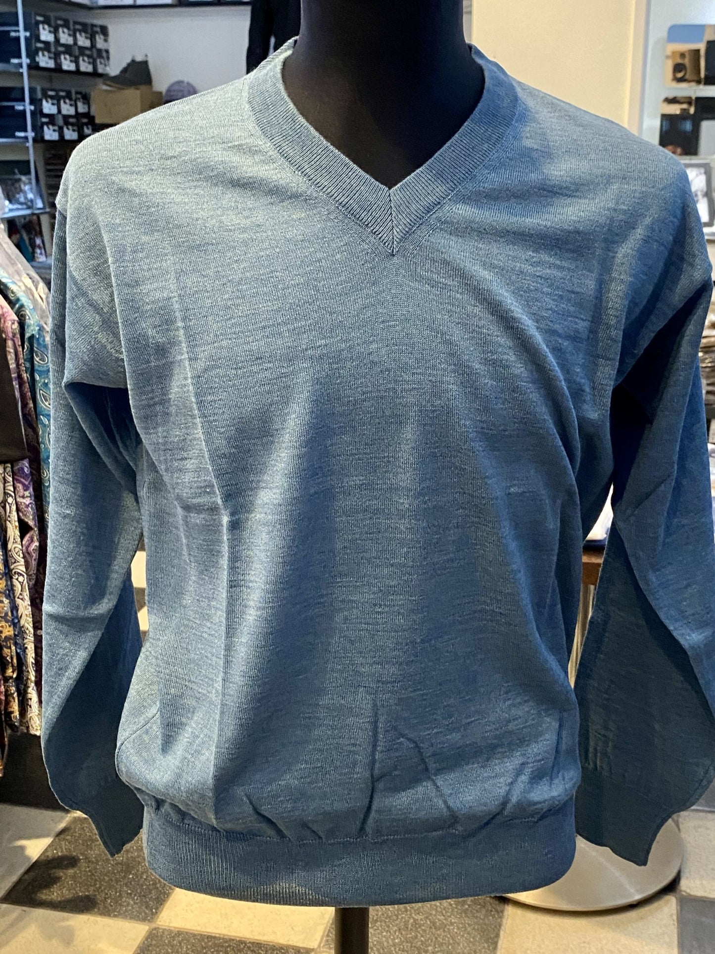 Franco Ponti V-Neck Merino Mix Jumper, Denim Blue