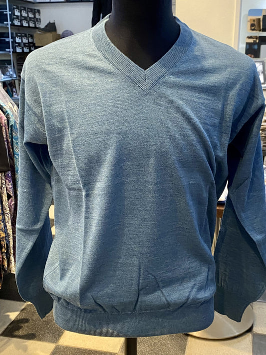 Franco Ponti V-Neck Merino Mix Jumper, Denim Blue