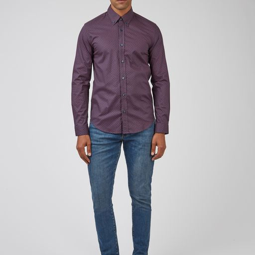 SALE Ben Sherman Long-Sleeved Cotton Patterned Shirt, Red