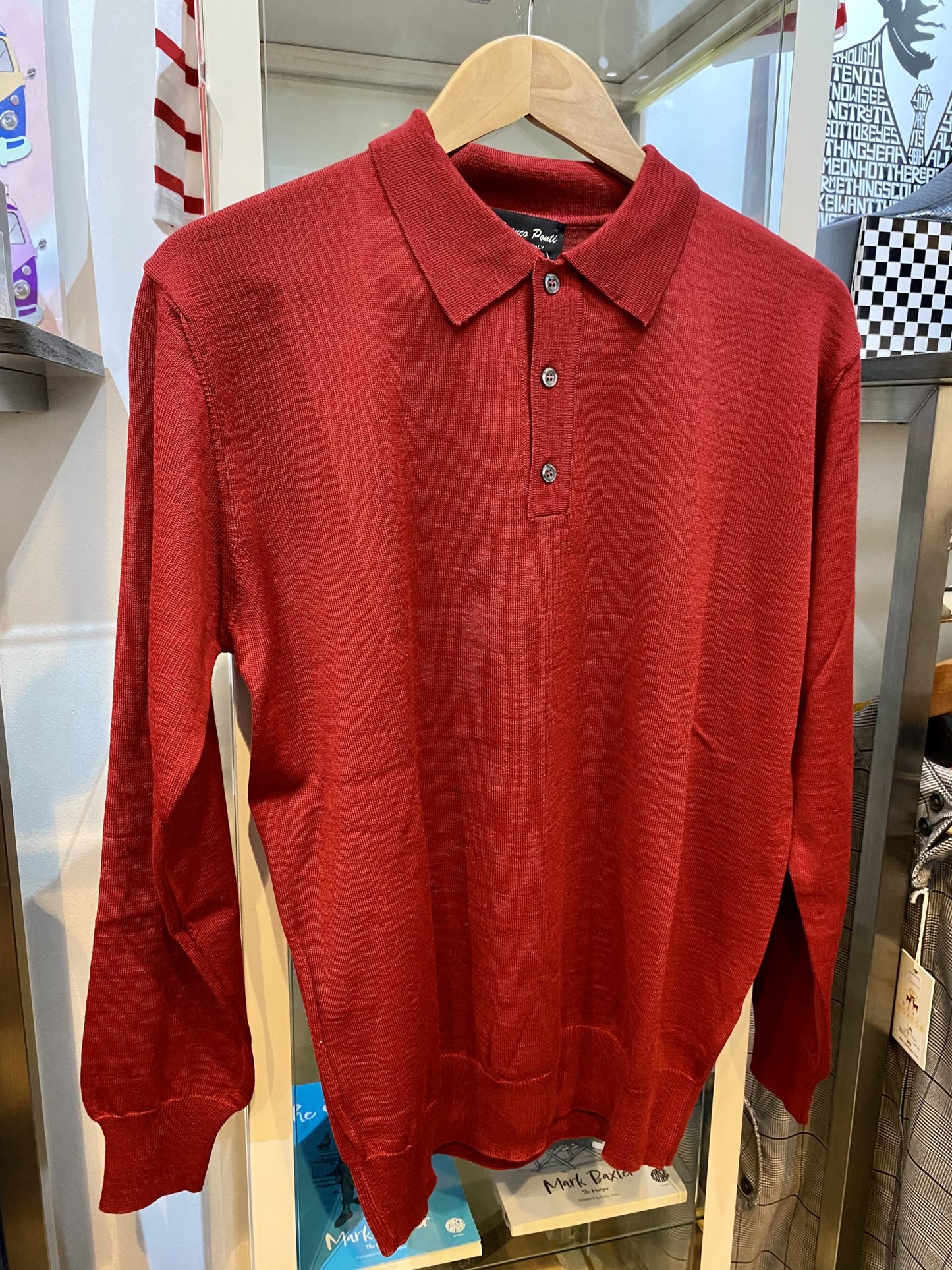 Franco Ponti Merino Mix Long Sleeve Knitted Polo Shirt, Burgundy