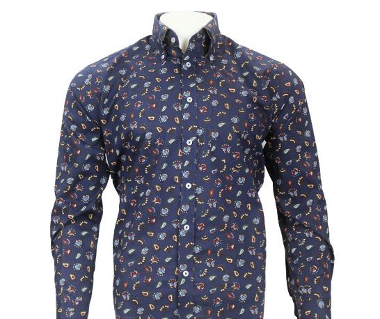 Navy Cotton Long-Sleeved Paisley Shirt from Real Hoxton