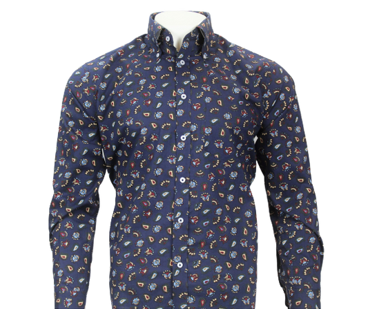 Navy Cotton Long-Sleeved Paisley Shirt from Real Hoxton