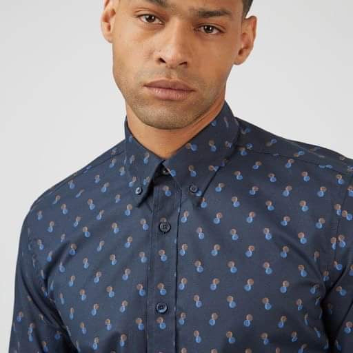 Ben Sherman Long-Sleeved Cotton Patterned Shirt, Midnight Blue