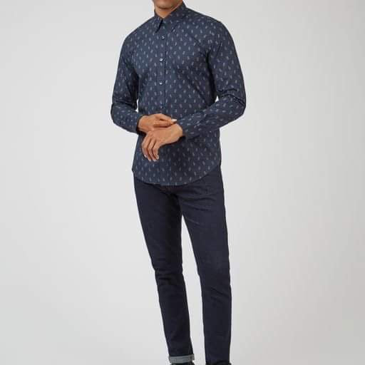 Ben Sherman Long-Sleeved Cotton Patterned Shirt, Midnight Blue
