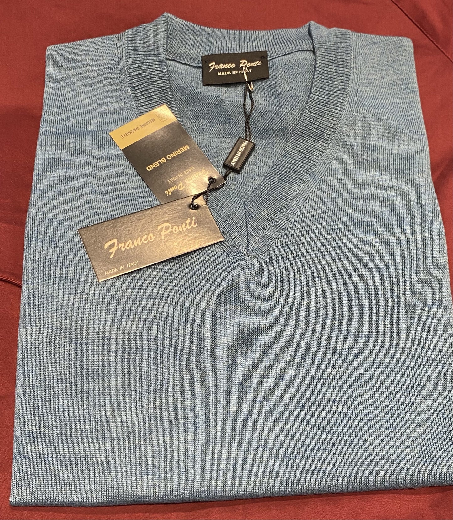 Franco Ponti V-Neck Merino Mix Jumper, Denim Blue