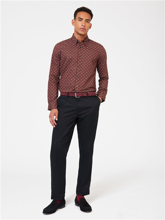Ben Sherman Long Sleeved Geo Pattern Cotton Shirt, Aubergine