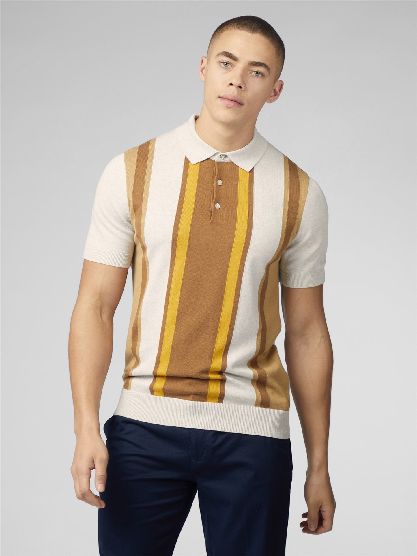 Ben Sherman Striped Knitted Polo, Ivory