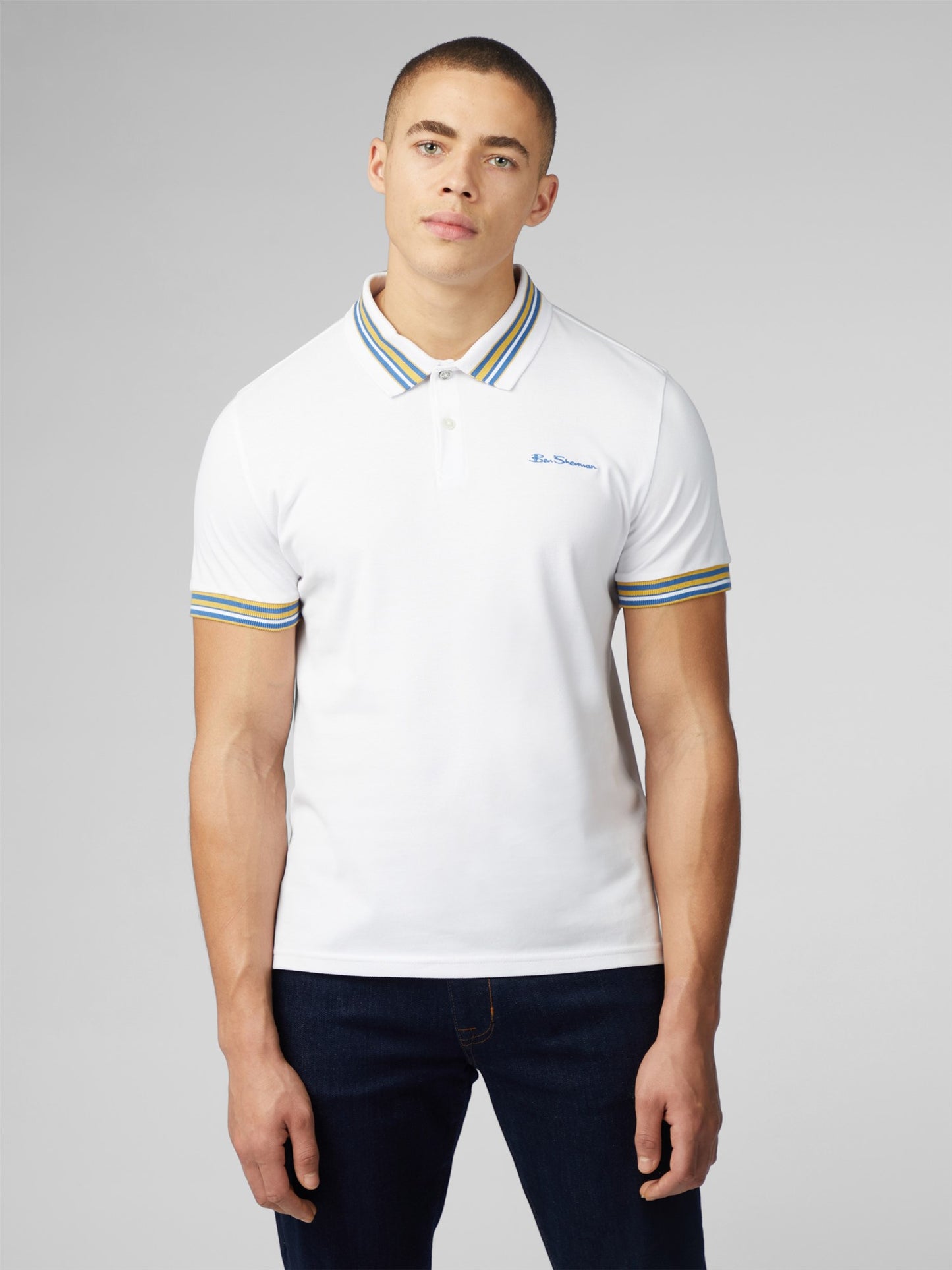 Ben Sherman Polo Shirt, White with Blue & Yellow