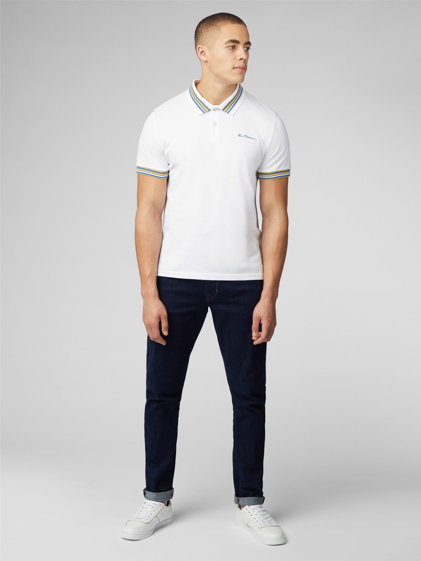 Ben Sherman Polo Shirt, White with Blue & Yellow