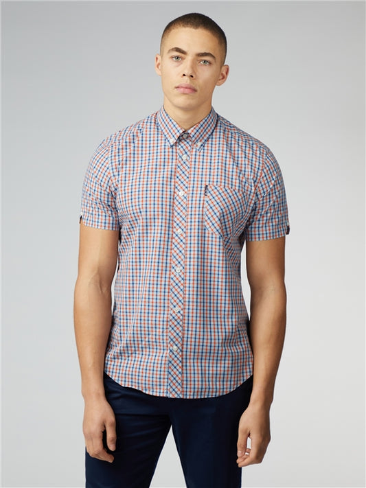 Ben Sherman Short Sleeved Cotton Check Shirt, Pale Blue