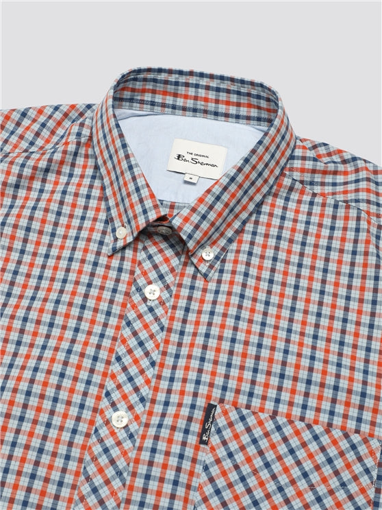 Ben Sherman Short Sleeved Cotton Check Shirt, Pale Blue