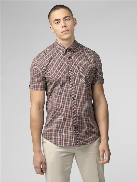Ben Sherman Short Sleeved Cotton Mini Gingham Shirt, Scarlet