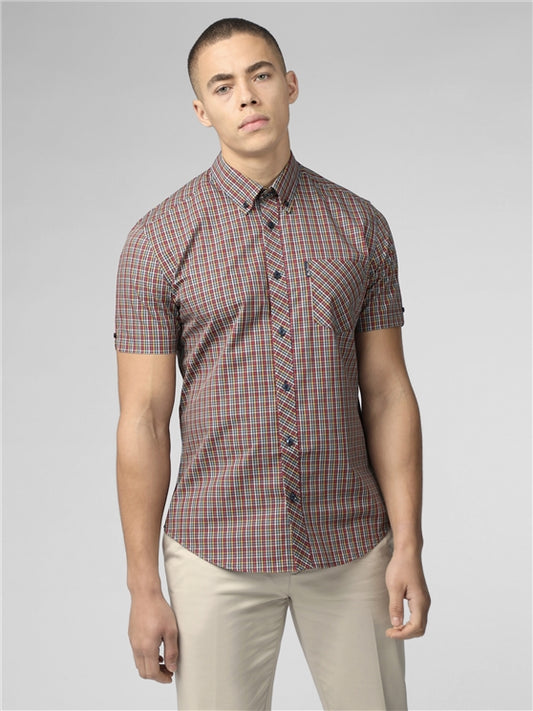 Ben Sherman Short Sleeved Cotton Mini Gingham Shirt, Scarlet
