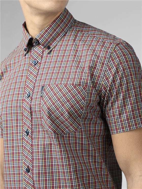 Ben Sherman Short Sleeved Cotton Mini Gingham Shirt, Scarlet