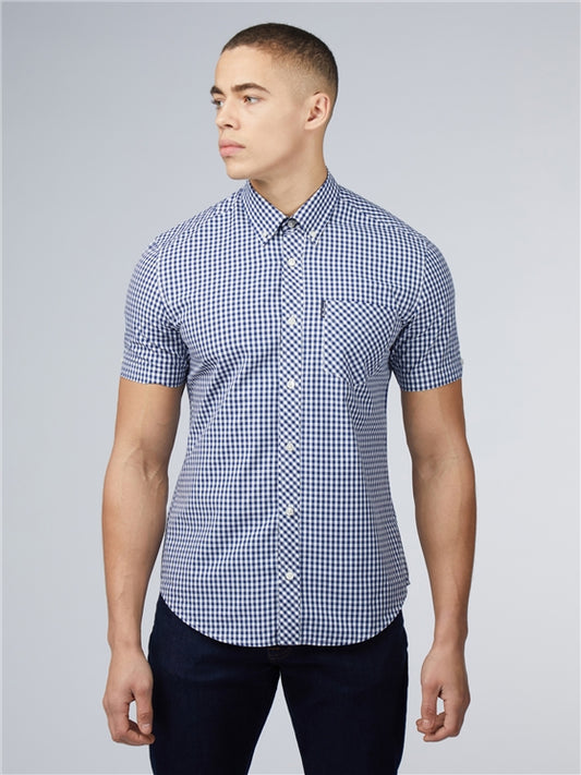 Ben Sherman Short Sleeved Cotton Gingham Shirt, Dark Blue