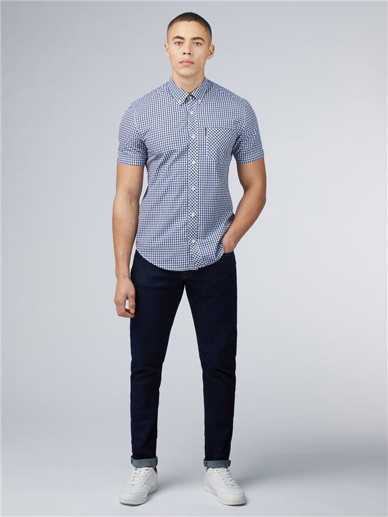 Ben Sherman Short Sleeved Cotton Gingham Shirt, Dark Blue