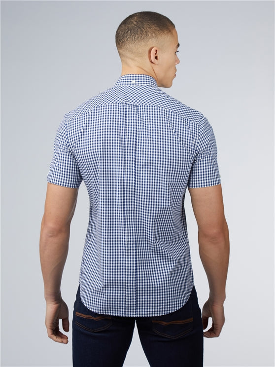Ben Sherman Short Sleeved Cotton Gingham Shirt, Dark Blue