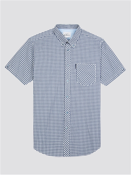 Ben Sherman Short Sleeved Cotton Gingham Shirt, Dark Blue