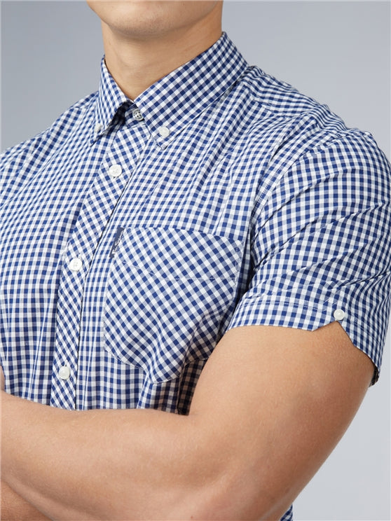 Ben Sherman Short Sleeved Cotton Gingham Shirt, Dark Blue